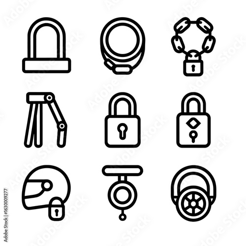 Bike and Luggage Locks. Outline icon set of bike and luggage locks: U-lock, cable lock, chain lock, folding lock, luggage lock,
