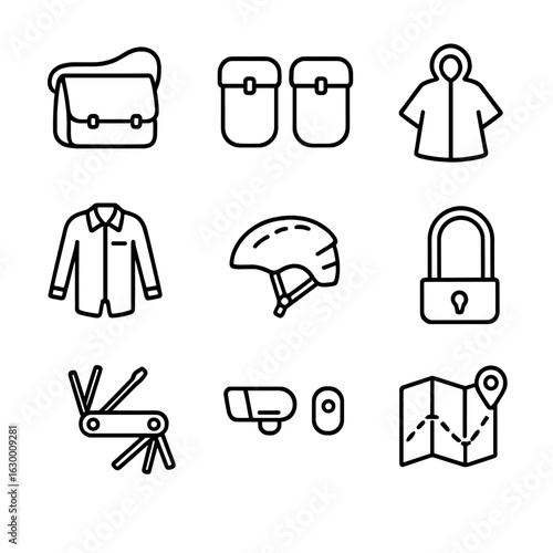 Bike Commuting Essentials. Outline icon set of bike commuting essentials: messenger bag, panniers, rain cover, work clothes,