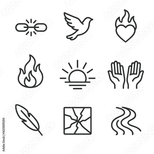 Untamed Spirit Icons. Outline icon set of untamed spirit: breaking chains, soaring bird, burning heart, roaring flame, rising sun,