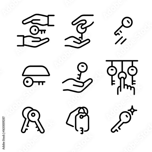 Key Action Icons. Outline icon set of key-related actions: handing over key, receiving key, dropping key, hiding key, picking key,
