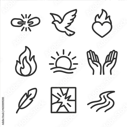 Untamed Spirit Icons. Outline icon set of untamed spirit: breaking chains, soaring bird, burning heart, roaring flame, rising sun,