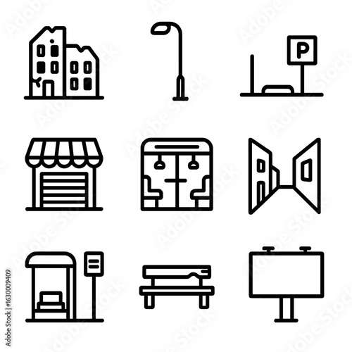 Urban Emptiness Icons. Outline icon set of emptiness in urban space: abandoned building, empty streetlight, vacant parking lot,