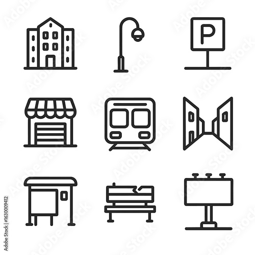 Urban Emptiness Icons. Outline icon set of emptiness in urban space: abandoned building, empty streetlight, vacant parking lot,