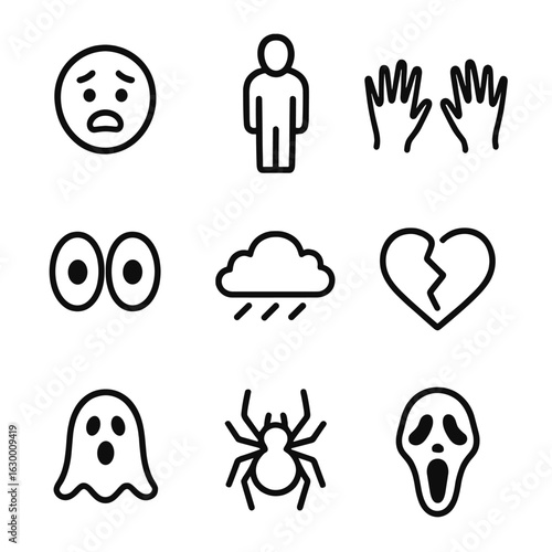 Fear Icon Set. Outline icon set of fear: scared face, shadow figure, trembling hands, wide eyes, dark cloud, broken heart, ghost,