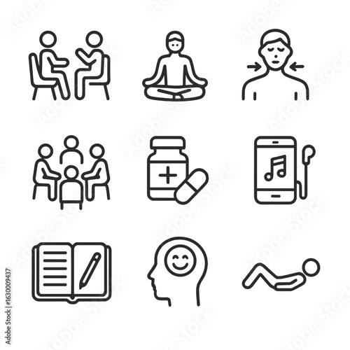 Fear Treatment Icons. Outline icon set of fear treatment and coping: therapy session, meditation, breathing exercise, support
