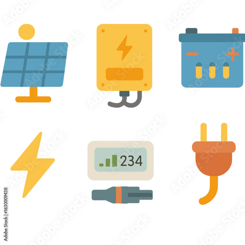 Solar Energy Icons. Flat vector mini-illustrations solar inverter and battery storage in colors children's illustrations: solar