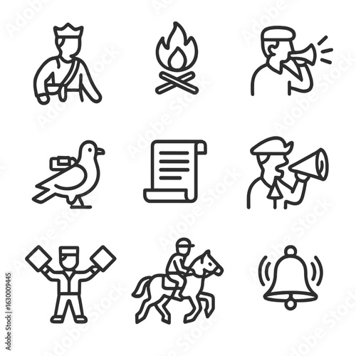 King's Road Icons. Outline icon set of king’s road communication: royal messenger, signal fire, horn blast, carrier pigeon,