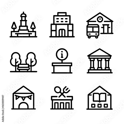 Urban Hubs Icons. Outline icon set of urban hubs: city square, shopping mall, transit center, public park, info booth, cultural