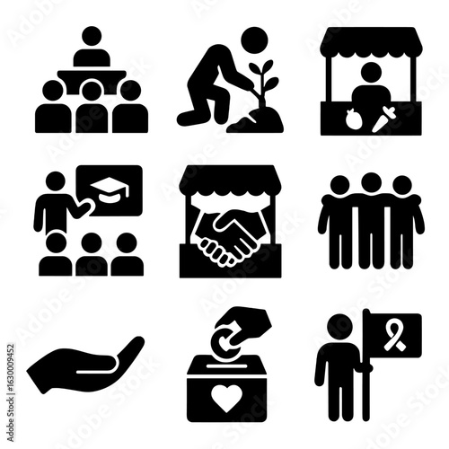 Community Impact Icons. Solid, filled icons set of community engagement and impact: community meeting, tree