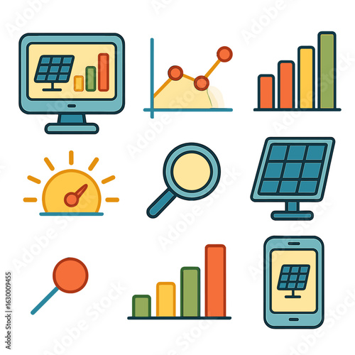 Solar Energy Dashboard Icons. Flat vector mini-illustrations solar energy monitoring dashboards in colors children's illustrations