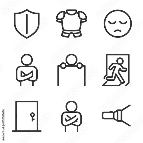 Fear Defense Icons. Outline icon set of fear defense mechanisms: shield, armor, closed eyes, crossed arms, hiding behind wall,