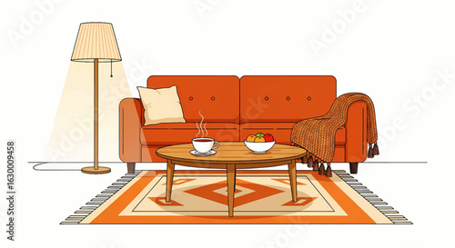 A warm and inviting living room interior concept with a comfortable orange sofa, floor lamp, and a patterned rug
