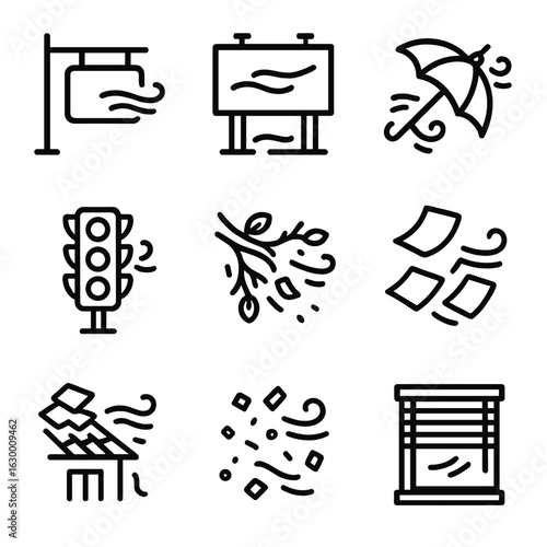 Urban Elements & Cloud Icons. Outline icon set of gust in urban environments: swinging street sign, fluttering billboard, open