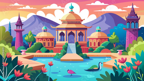 Vector art of vibrant cartoon illustration of an asian palace with a pond and exotic plants, set against a colorful sunset sky and distant mountains