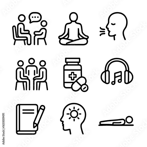 Fear Treatment Icons. Outline icon set of fear treatment and coping: therapy session, meditation, breathing exercise, support