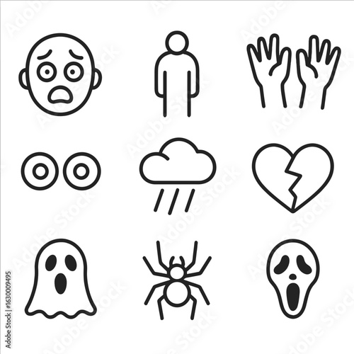 Fear Icon Set. Outline icon set of fear: scared face, shadow figure, trembling hands, wide eyes, dark cloud, broken heart, ghost,