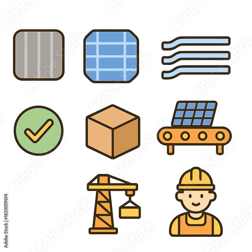 Solar Panel Production Steps. Flat vector mini-illustrations solar panel manufacturing stages in colors children's illustrations: