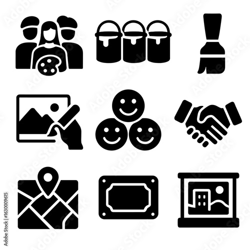 Community Mural Icons. Solid, filled icons set of community murals: group of artists, paint buckets,