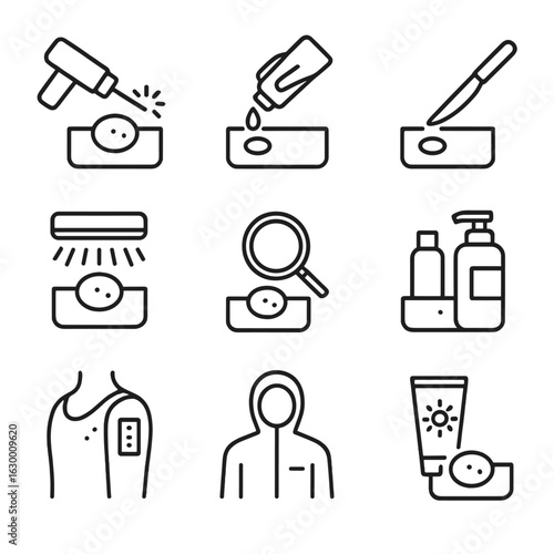 Birthmark Treatment Icons. Outline icon set of birthmark treatments: laser removal, cream application, surgical excision, light