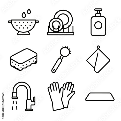 Kitchen Cleanup Icons. Outline icon set of kitchen cleanup with colanders: rinsing colander, drying rack, dish soap bottle, sponge