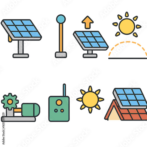 Solar Panel Illustrations. Flat vector mini-illustrations solar panel shading and trackers in colors children's illustrations: