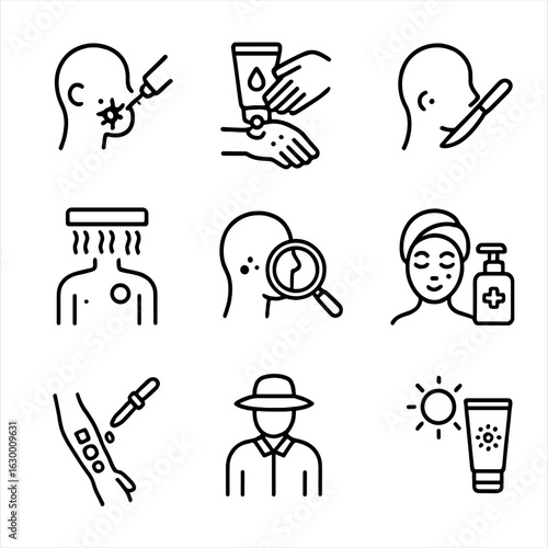 Birthmark Treatment Icons. Outline icon set of birthmark treatments: laser removal, cream application, surgical excision, light