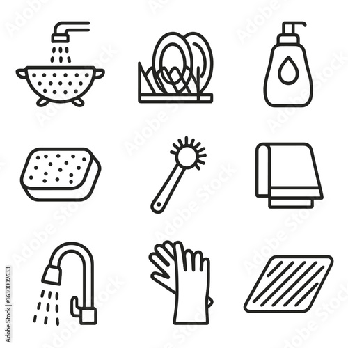 Kitchen Cleanup Icons. Outline icon set of kitchen cleanup with colanders: rinsing colander, drying rack, dish soap bottle, sponge