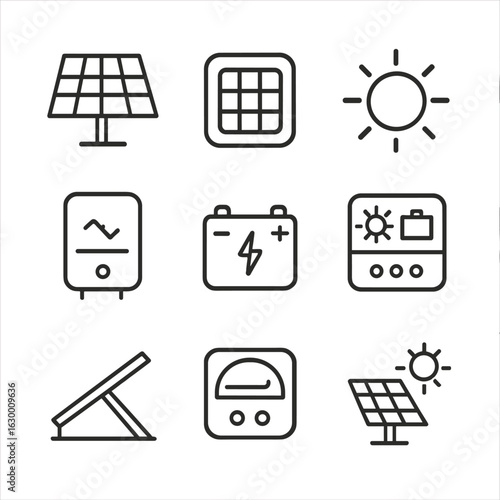 Solar Power Icons. Outline icon set of solar power systems: solar panel, photovoltaic cell, sun icon, inverter box, battery