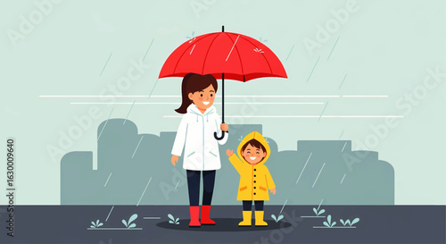 A caring mother holding a large red umbrella over her happy child on a rainy day. A heartwarming scene of family love and protection.