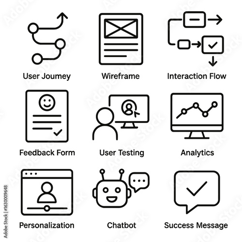 User Experience Icons. Outline icon set of user experience streamline: user journey, wireframe, interaction flow, feedback form,