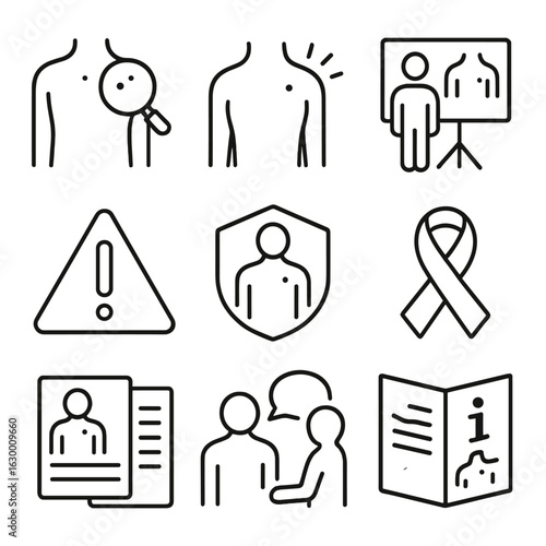 Birthmark Awareness Icons. Outline icon set of birthmark awareness: skin check, skin health, education, alert symbol, skin