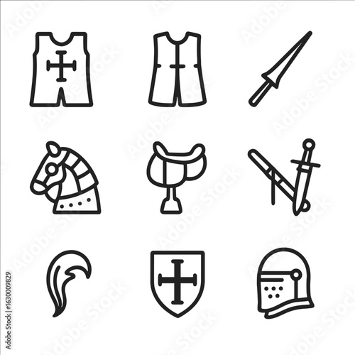 Knight Equipment Icons. Outline icon set of knight equipment: tabard, surcoat, lance, horse armor, saddle, sword belt, scabbard,