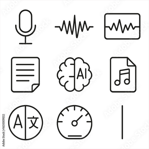 Speech Recognition Icon Set. Outline icon set of speech recognition systems: microphone, sound wave, waveform graph, text