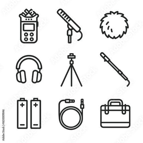 Field Recording Icons. Outline icon set of field recording gear: portable recorder, shotgun microphone, windscreen, headphones,