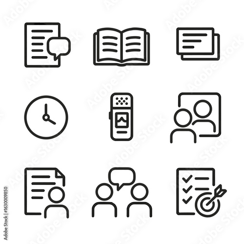 Speech Prep Icons. Outline icon set of speech preparation: draft outline, research book, index cards, rehearsal timer, voice