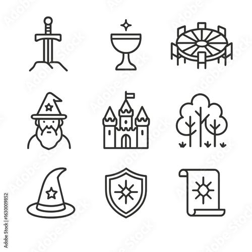 Knight Legends Icon Set. Outline icon set of knight legends and myths: Excalibur, holy grail, round table, Merlin, Camelot castle,