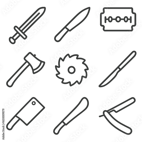 Blade Icons Collection. Outline icon set of blade types: sword blade, knife blade, razor blade, axe blade, saw blade, scalpel