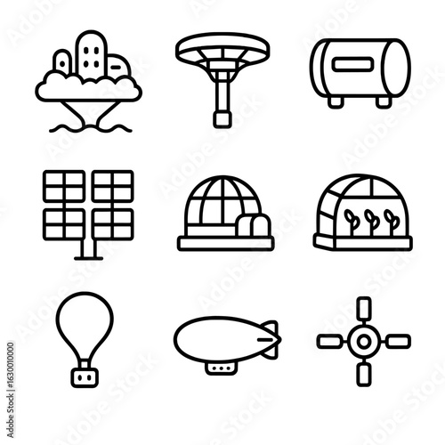 Venus Habitat Icon Set. Outline icon set of potential Venus habitats: floating cloud city, high-altitude platform, sealed habitat