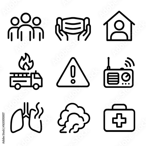 Community Wildfire Response Icons. Outline icon set of community response to wildfire air quality: group, mask