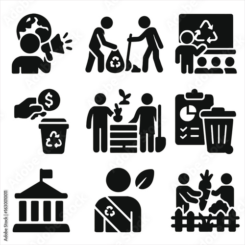 Community Waste Management Icons. Solid, filled icons set of community engagement in waste management: