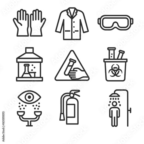 Lab Safety Icons. Outline icon set of test tube safety and handling: gloves, lab coat, safety goggles, fume hood, hazard symbol,