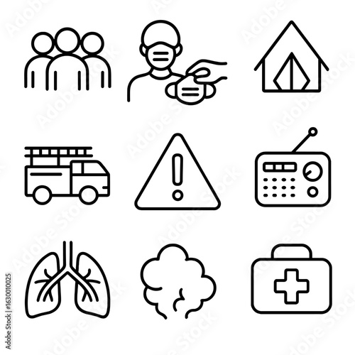 Community Wildfire Response Icons. Outline icon set of community response to wildfire air quality: group, mask