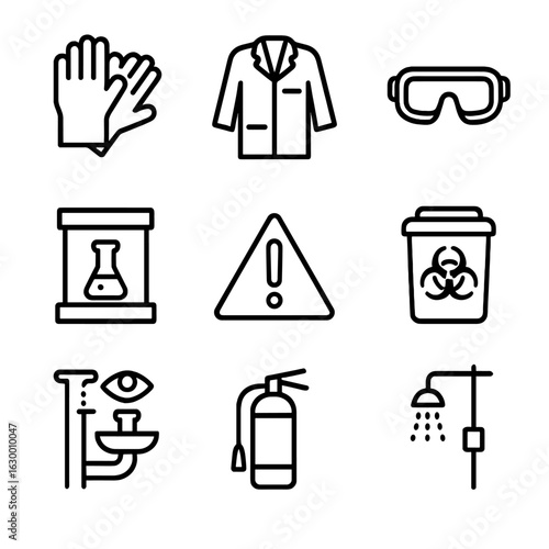 Lab Safety Icons. Outline icon set of test tube safety and handling: gloves, lab coat, safety goggles, fume hood, hazard symbol,