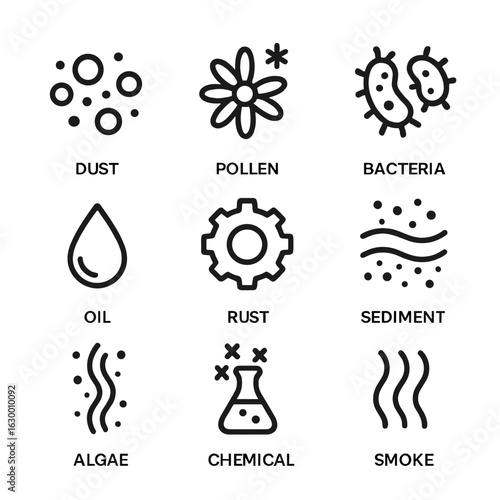 Filter Contaminants Icons. Outline icon set of filter contaminants: dust, pollen, bacteria, oil, rust, sediment, algae, chemical