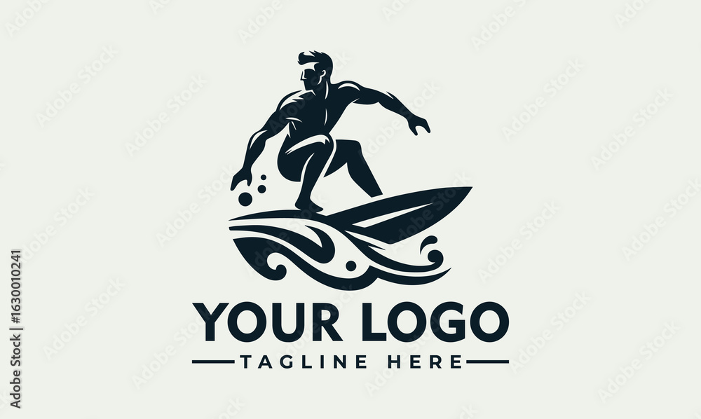 Fototapeta premium Silhouette logo of a surfer riding a wave, with stylized ocean waves and text space.