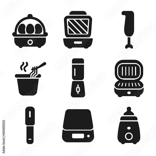 Compact Kitchen Gadgets. Solid, filled icons set of small kitchen essentials: electric egg cooker, hot