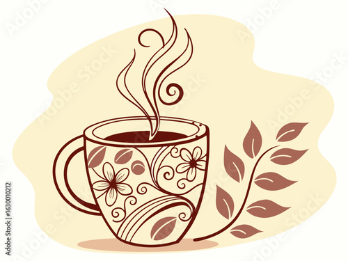 Vibrant coffee mug with colorful beans design, perfect for branding. A stylized illustration of a coffee mug filled with steaming coffee, featuring a vibrant pattern of coffee beans in various colors.