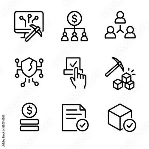 Blockchain Consensus Icons. Outline icon set of consensus mechanisms: proof of work, proof of stake, delegated proof, Byzantine