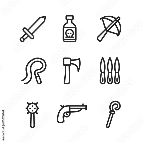 Villain Weapon Icons. Outline icon set of villain weapons: sword, poison dart, crossbow, whip, axe, throwing knives, mace,