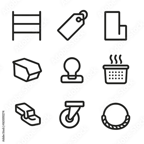 Storage Icon Set. Outline icon set of storage accessories: shelf unit, label tag, divider panel, stackable bin, cord clip,